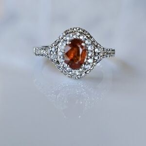 Tangerine Kyanite, White Zircon in Platinum over Sterling Silver Sz 7! N…